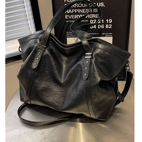 Handbags - Luxe Vegan Leather Adjustable Strap Star Studded Shoulder Tote Bag